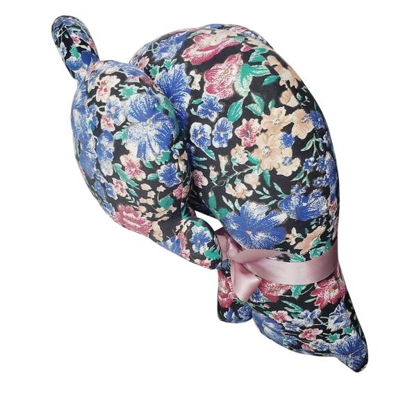 Vintage Cloth Floral Print Cat Stuffed Shelf Sitting Plush Kitty Blue & Bow - Picture 7 of 11